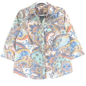 Chicos Women's 2 (L) Wrinkle Resistant Shirt Blue Green Ivory Cotton 3/4 Sleeve